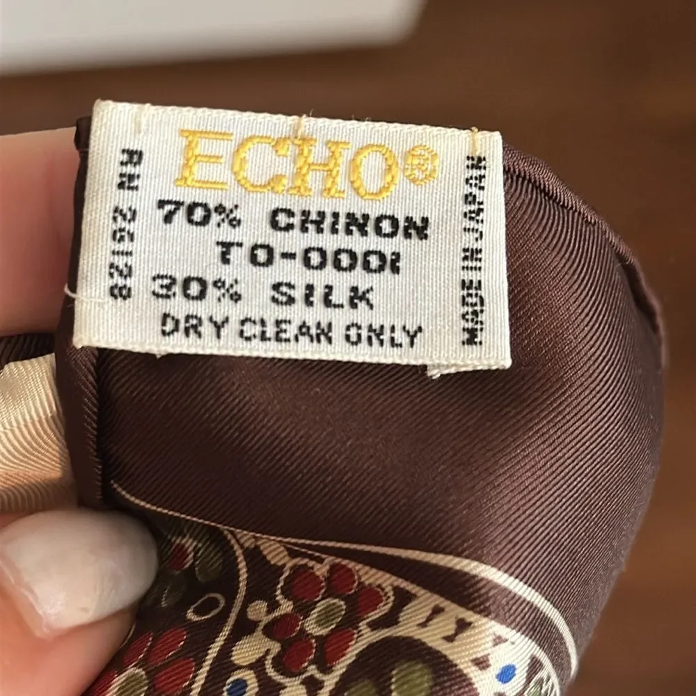 Vintage 60s/70 Echo‎ Paisley Brown,Cream, Green & Blue Long Chinon/Silk Scarf